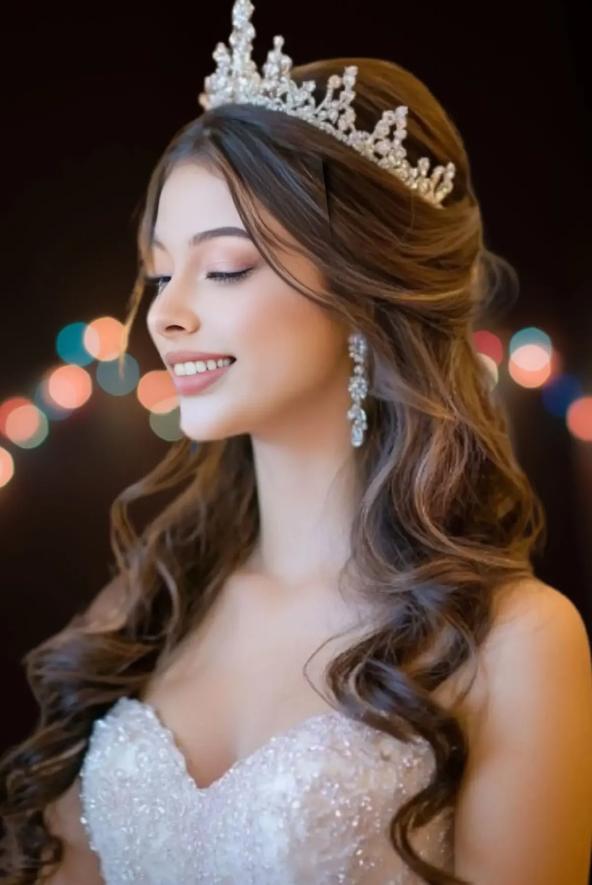 #7 Peinado de gala con tiara en cabello lacio medio ondulado